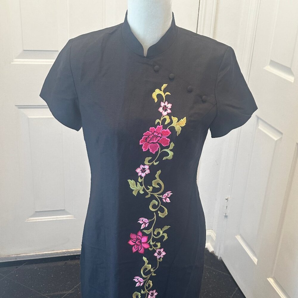 VTG Jessica Howard Linen Embroidered Cheongsam Qipao Floral Maxi Dress Petite 4